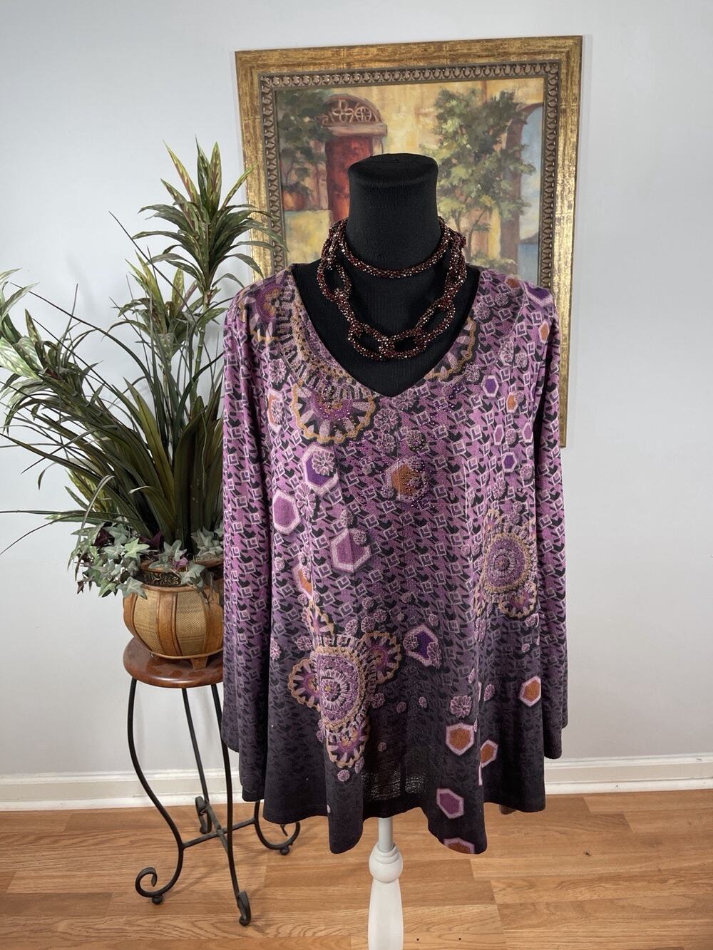 One World Women Plus 3X Purple Boho Tunic Top Embellished V-Neck Boho Whimsigoth